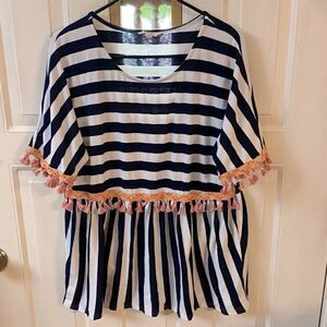 Entro Navy and White Striped Shirt with Neon Tassels Fringe Medium